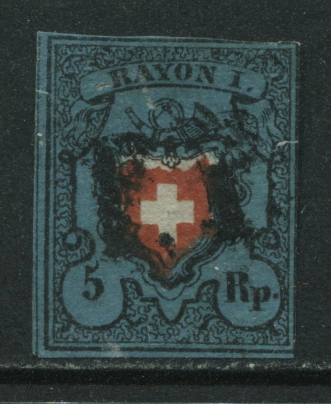 Switzerland 1850 5 rappen deep blue without frame around cross lightly used