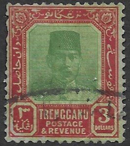 Malaysia  -Trengganu - 37   1925   $ 3.00   used ( Short perfs & Cr)