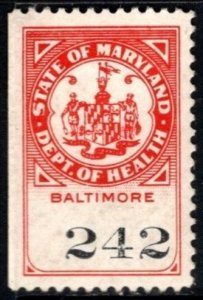 Vintage US Revenue Baltimore Maryland Department of Health Stamp