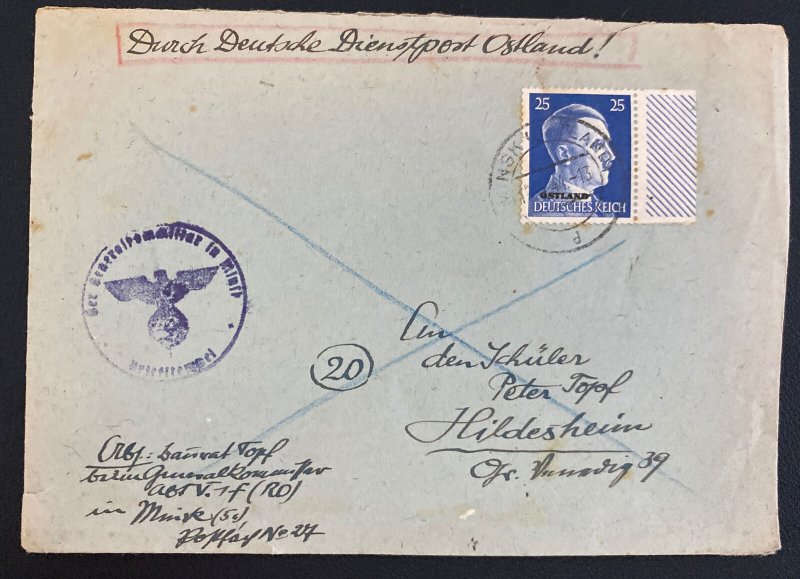 1944 Minsk Belarus Ostland Germany Diesntpost cover To Hildesheim