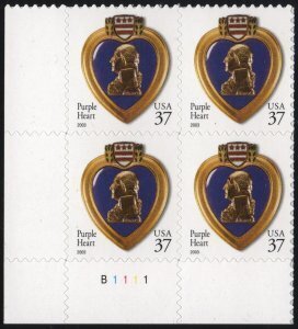 U.S.#3784 Purple Heart (2003) 37c Plate Block of 4, MNH.