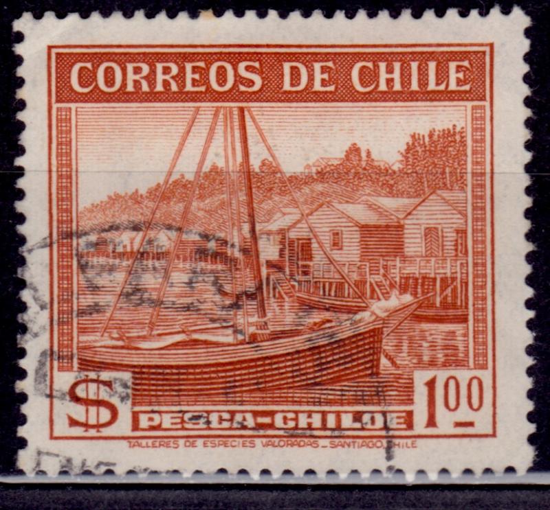 Chile, 1938, Fishing in Chiloe, 1p, Scott# 205, used