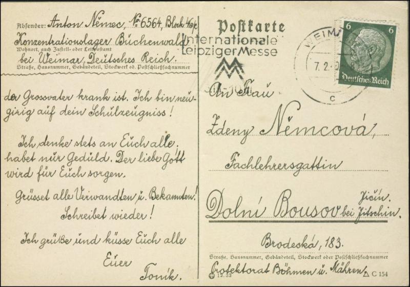 1943 Germany Buchenwald Concentration Camp Postcard Cover Anton Nenec to Bohemia