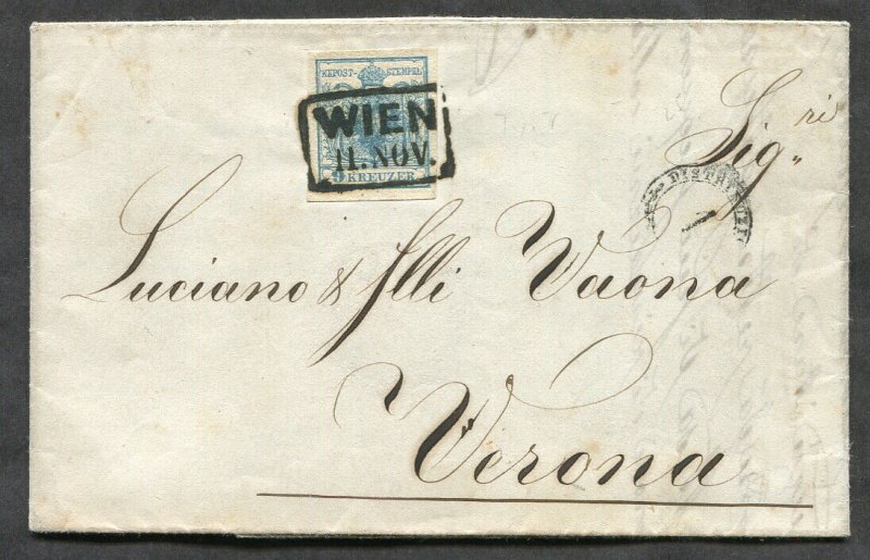 p649 - AUSTRIA 1851 Folded Cover to ITALY. 9kr Stamp Scott #5