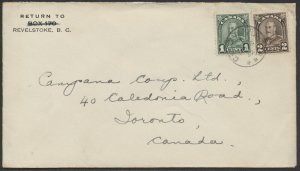 1932 CAL & VAN RPO Postmark Ornament 106 On Revelstoke BC CC Cover Nice Strike