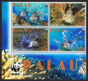 Palau WWF Red Lionfish Block of 4 WWF Logo 2009 MNH SC#992 SG#2379-2382