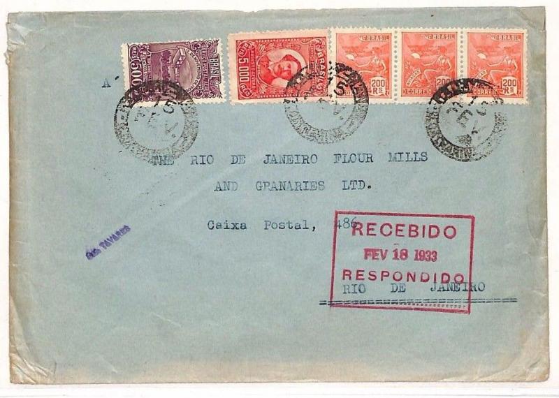 BRAZIL Cover Rio De Janeiro FLOUR MILLS & Granaries {samwells-covers] 1933 AE98