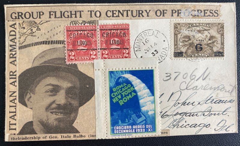 1933 Montreal Canada To Century Of Progress Flight Cover Gen Italo Balbo Label