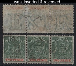 Rhodesia 1892 Thin wove paper 2d sg20 strip of 3 fine used showing EXTR wmk in