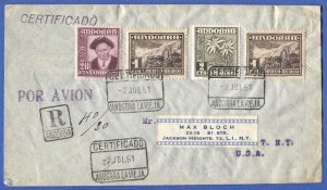 ANDORRA  (Spanish) 1951 Reg. Airmail Cover, La Vieja to USA, 1pta x 2