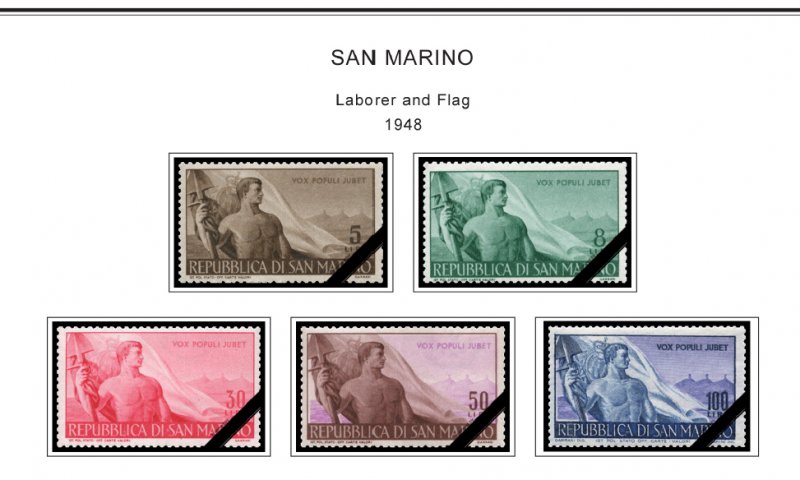 COLOR PRINTED SAN MARINO 1941-1965 STAMP ALBUM PAGES (40 illustrated pages)