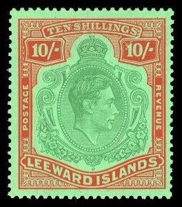 Leeward Is 1943 KGVI 10s green & red/green DAMAGED CLICHÉ var VFM. SG 113b var.