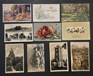 Lot of 10 Antique German Postcards Art Photo Flowers Churches Villages c1900s