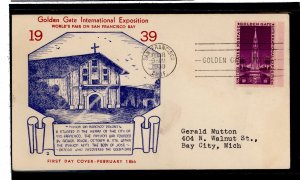 US 852 1939 3c Golden Gate International Exposition on an addressed (typed) FDC with a Cal-Craft cachet