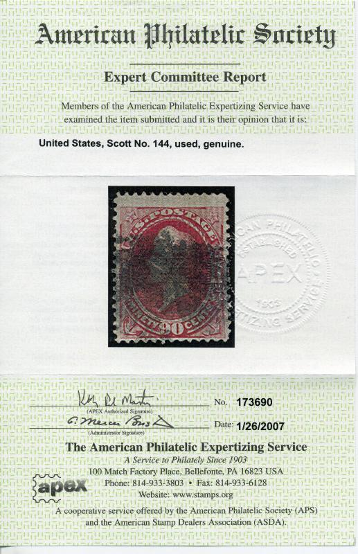  Scott #144 Perry Grill  Used Stamp with APS Cert (Stock#144-1)