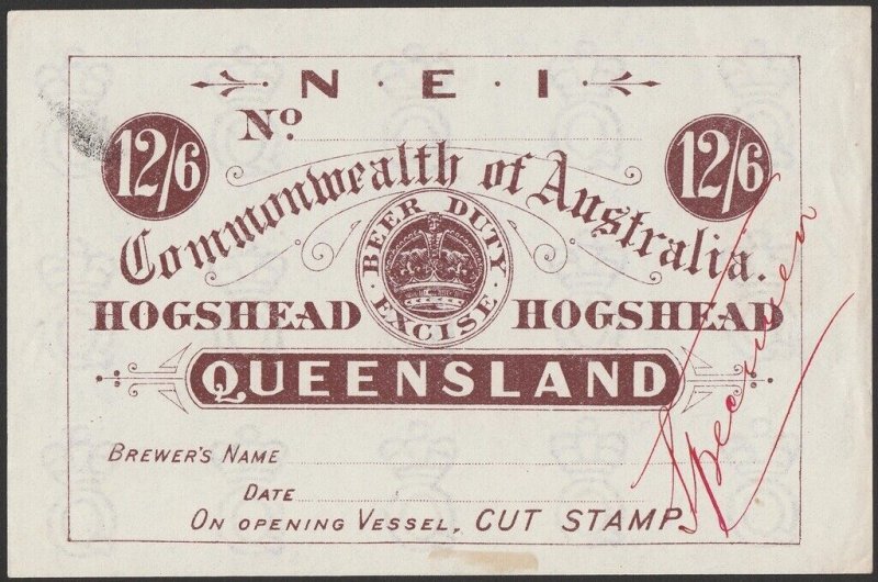 QUEENSLAND Beer Duty 1903 Crown 12/6 'NEI' Hogshead Specimen. Extremely rare.