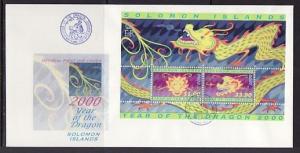 Solomon Is., Scott cat. 896a. Year of the Dragon s/sheet. First Day Cover.