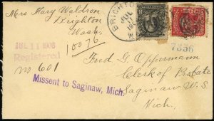 Brighton Washington Saginaw Michigan Registered Cover Postage 1906 USA #306 #319