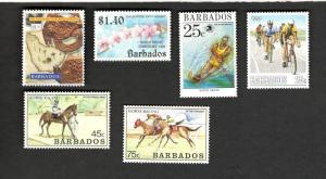 6 Asst Barbados Sc #727 #769 #774-75 #829 #854 Horses Sports Flowers  MHN stamps