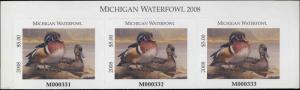 MICHIGAN #33T 2008 STATE DUCK STAMP TOP STRIP OF 3 WOOD DUCKS   Dietmar Krumrey