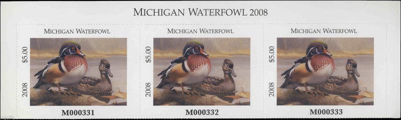 MICHIGAN #33T 2008 STATE DUCK STAMP TOP STRIP OF 3 WOOD DUCKS   Dietmar Krumrey