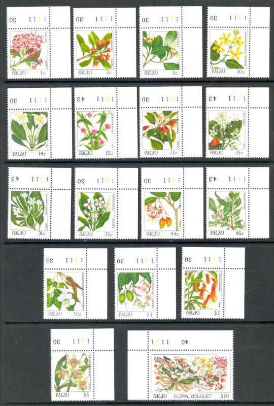 PALAU 1987-88 INDIGENOUS FLOWERS Set in PLATE NO. SINGLES Sc 126-142 MNH