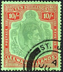 Leeward Islands 1938-51 SG 113b 10s green and red on green VFU cat 100 pounds