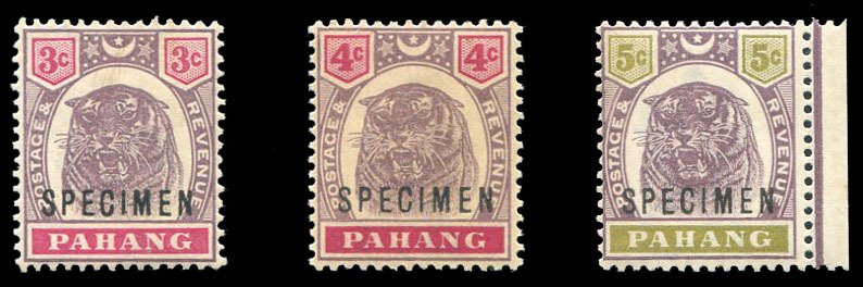 Malayan States - Pahang #14-15S Cat$90+ (for hinged), 1895-99 Tiger, set of t...