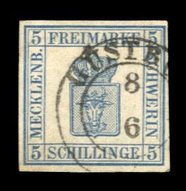 German States, Mecklenburg-Schwerin #3 Cat275, 1856 5s blue, used, signed Bloch