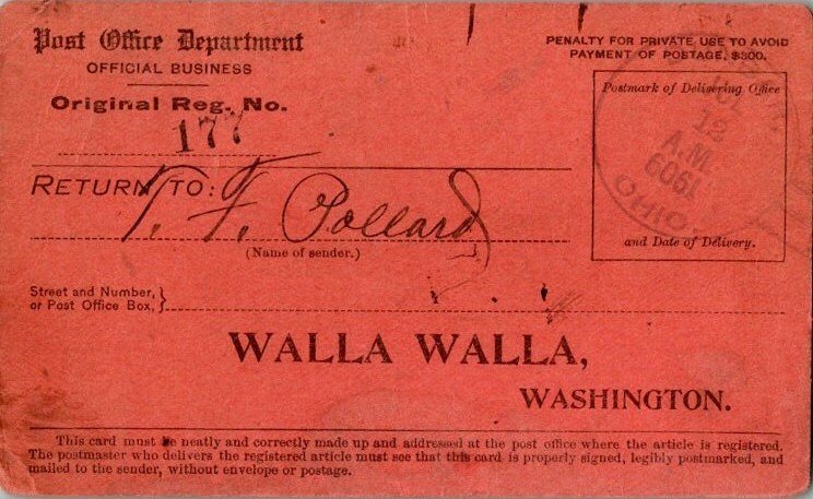 United States Ohio Dunbar 1909 4a-bar  1857-1917  Registry Receipt Card  Some...
