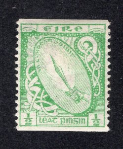 Ireland 1934 1/2p green Sword Coil, Scott 91 MH, value = $30.00