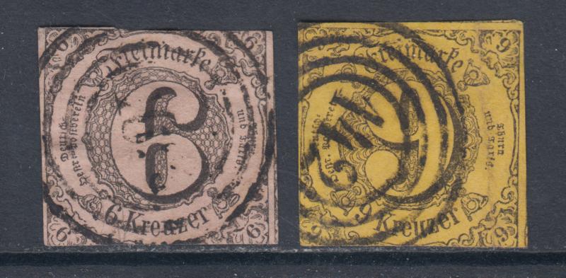 Thurn & Taxis Sc 45, 46 used 1852 6kr & 9kr imperf Numerals, sound & Fine