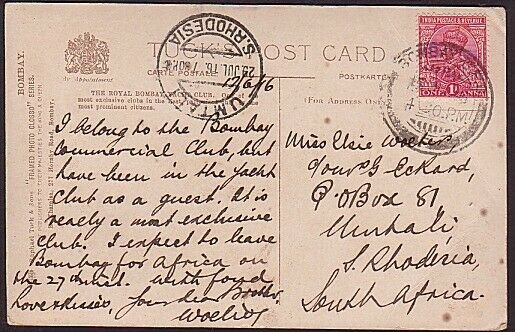 SOUTHERN RHODESIA 1916 postcard ex India - UMTALI arrival cds..............35179