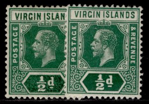 BRITISH VIRGIN ISLANDS GV SG69 + 69b, ½d SHADE VARIETIES, M MINT.