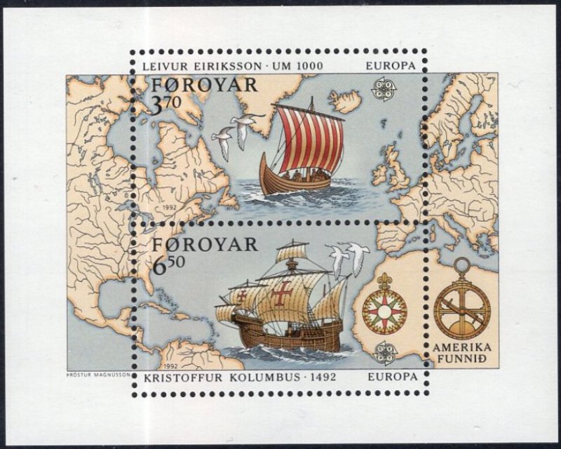 Faroe Islands #238 MNH S/S CV$8.50 America Columbus Eriksson Ships Map Compass