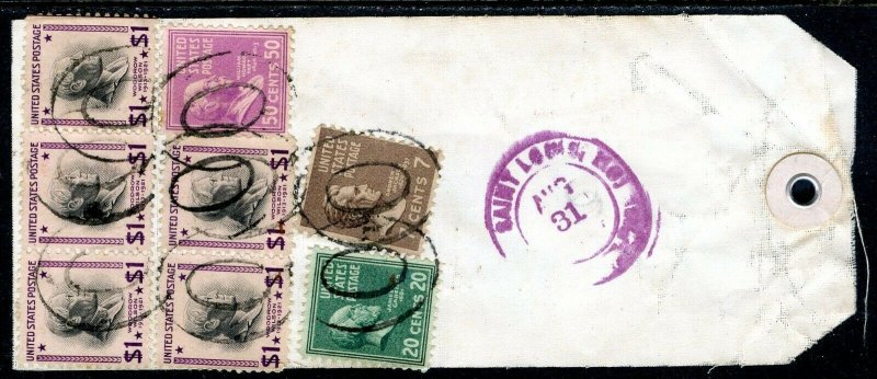 U.S. Scott 832 (5), 831, 825, 812 Prexies On Registered 1954 Missouri Bank Tag 