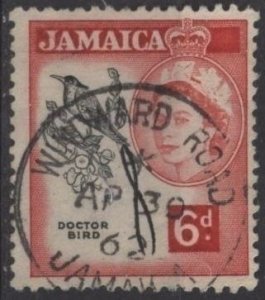 Jamaica 166 (used, Windward Road pmk) 6p streamer (doctor bird), car & black