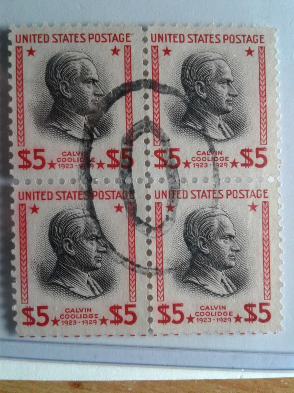 SCOTT # 834 $ 5.00 PRESIDENT CALVIN COOLIDGE USED BLOCK OF 4 !!  VERY NICE  1938