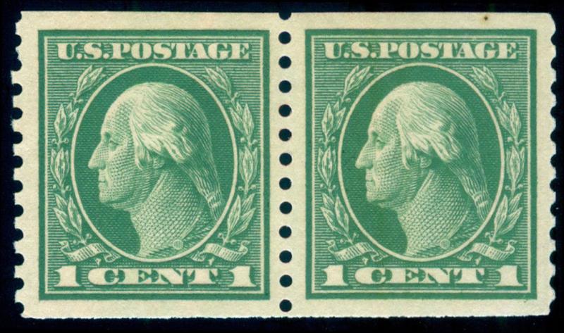 MOMEN: US STAMPS #443 COIL PAIR MINT OG NH XF-SUP JUMBO