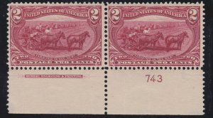 US 286 2c Trans-Mississippi Mint Plate #743 Bottom Pair VF OG NH SCV $145