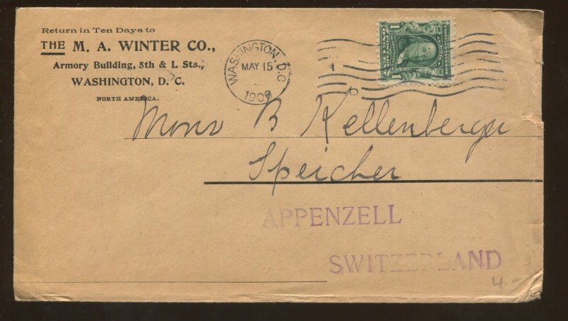 1906 Washington DC to Switzerland The M A Winter Company Advertising Cover