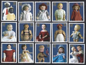 United States #3151a-o 32¢ Classic American Dolls (1997). Fifteen singles. MNH