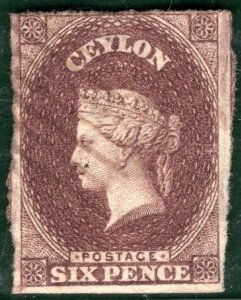 CEYLON QV Classic Stamp SG.6 6d Purple-Brown (1859) Used Cat £140 PBLUE24