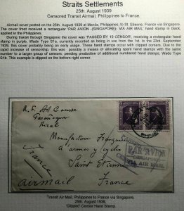 1939 Manila Philippines Censored Airmail Cover To St Etienne France Via Singapor