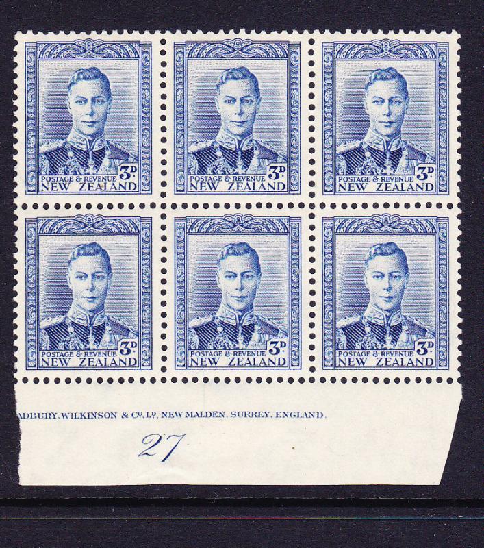 NEW ZEALAND  1938-52  3d  BLUE  KGVI   PLATE BLK 6  #27  MLH/MNH       