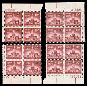Scott 1044 10c Independence Hall Liberty Series Four Plate Blocks Mint NH