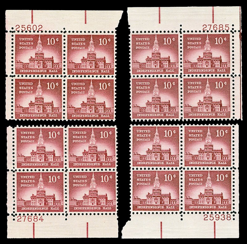 Scott 1044 10c Independence Hall Liberty Series Four Plate Blocks Mint NH