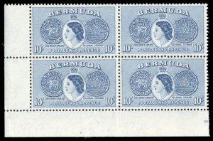 Bermuda #161 Cat$54, 1953 10sh deep ultramarine, corner margin block of four,...