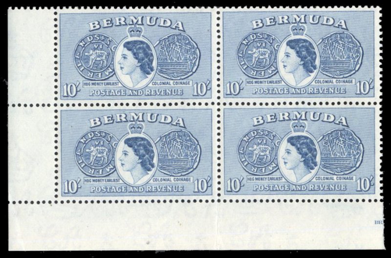 Bermuda #161 Cat$54, 1953 10sh deep ultramarine, corner margin block of four,...