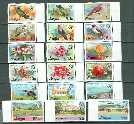 ANTIGUA 1976  BIRDS-FLOWERS #405-419 SET MARGIN STAMPS MNH...$19.20